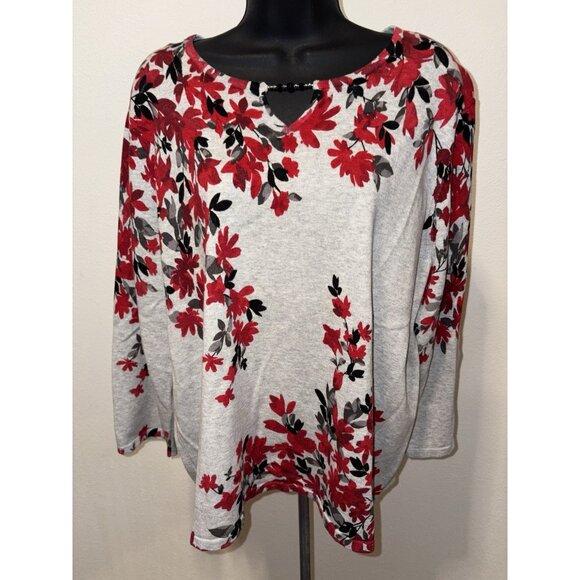 Alfred Dunner Womens Size 1X Knit Blouse Top Long Sleeve Floral Fall Gray - Picture 1 of 8